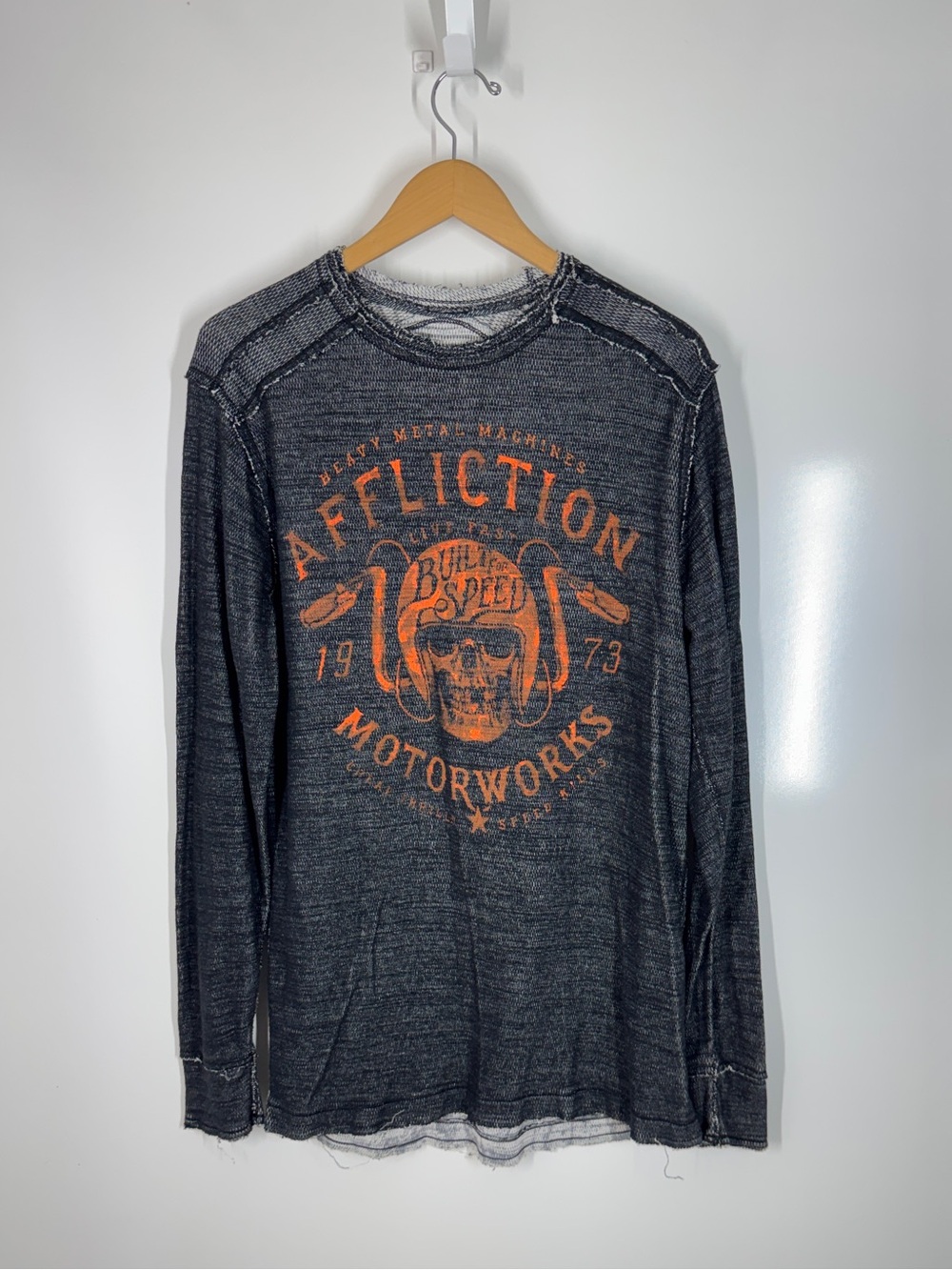 Affliction Reversible Thermal Long Sleeve Shirt Men’s Graphic Biker Tee Motor L
